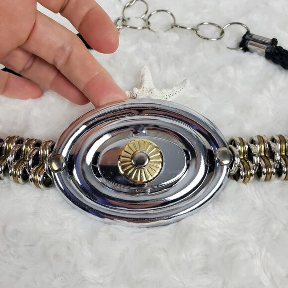 Chunky Metal Disc Link Necklace Silver Black - Picture 7 of 10